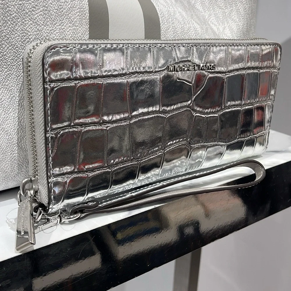 Michael Kors JST Metallic Crocodile Embossed Leather Continental Wallet NWT